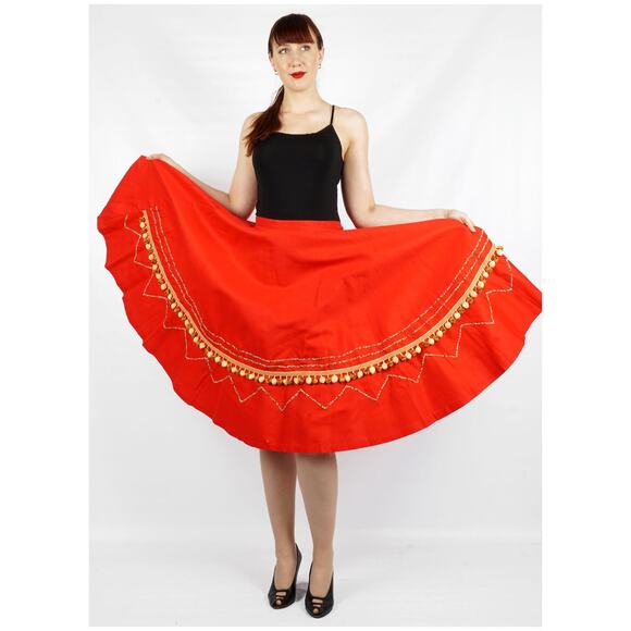 Vintage 1950s Red Beaded Zig Zag Pom-pom Circle Skirt by Capitol of Boston | Med - Picture 3 of 10